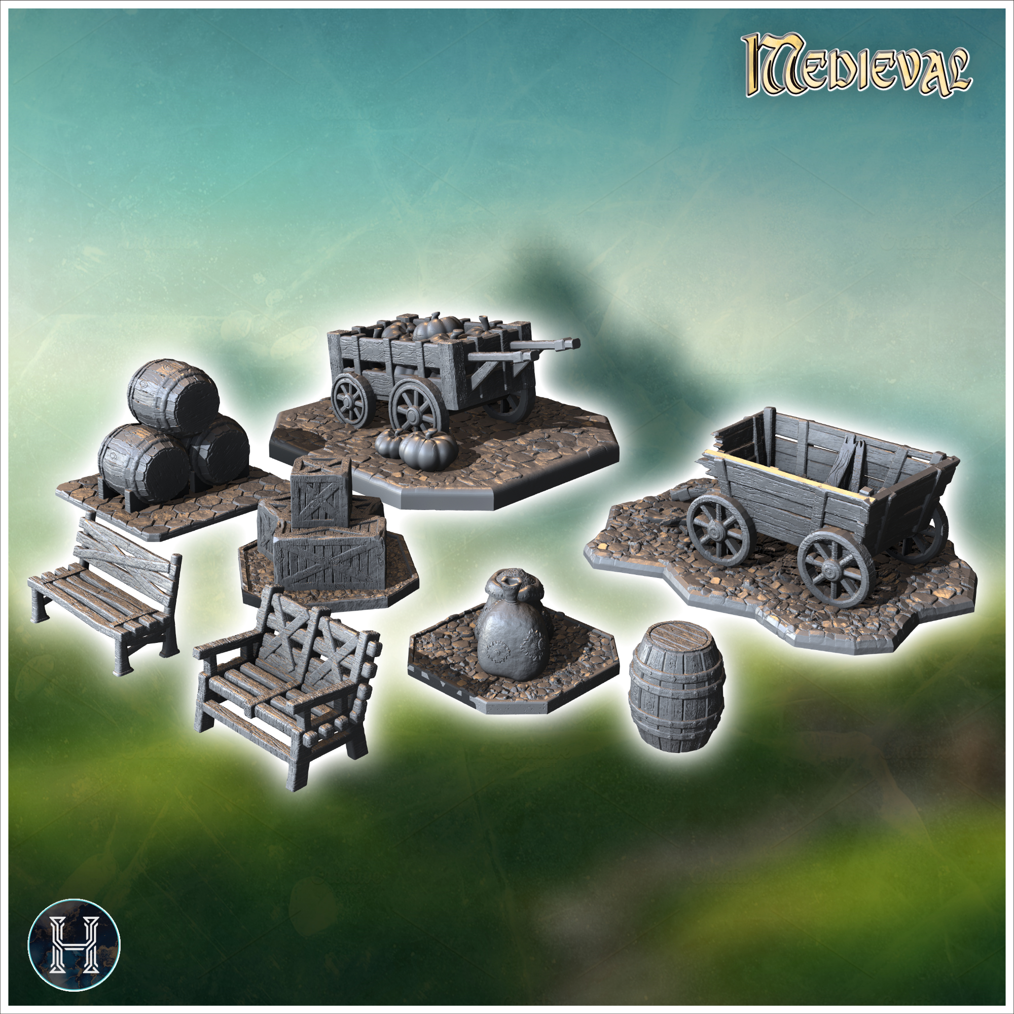 Collection of market accessories including carts, barrels, crates, benches, and a bag (1) - Medieval Gothic Feudal Old Archaic Saga 28mm 15mm RPG